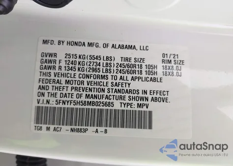 2021 Honda Pilot 2Wd Ex-L из США, поврежденный, VIN 5FNYF5H58MB025685